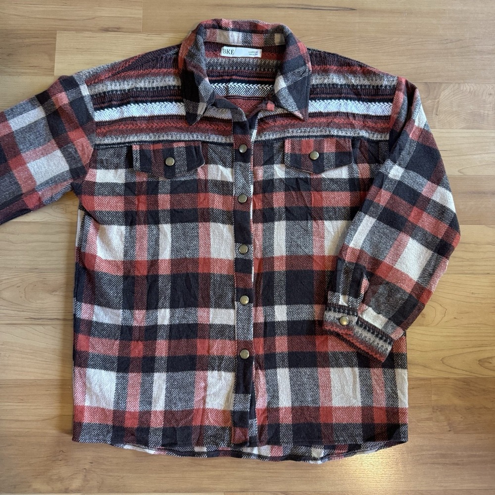 BKE Men's‎ L Flannel Shacket Aztec Southwestern Western Plaid Button Down Shirt
